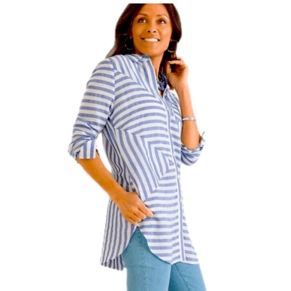 NWT Chico’s UPF 50+ Blue Stripe Tunic Shirt – Size 0 (US 4/6) - Picture 1 of 10